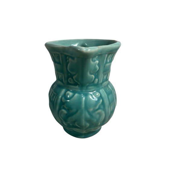 Old Aqua Green Pottery Pitcher w Handle 4.5” Oak Leaf Checked Vintage Excellent - Picture 3 of 12